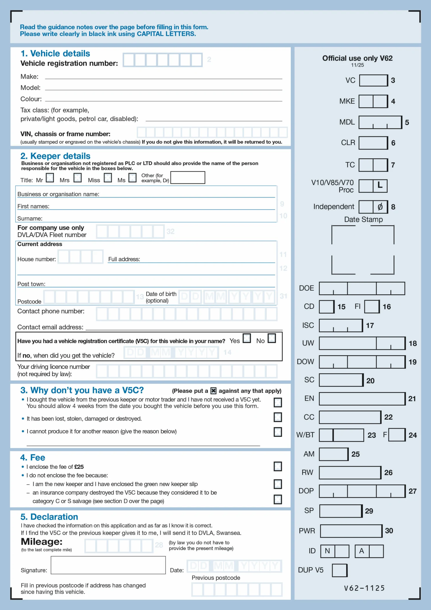The official DVLA V62 form — Application for a vehicle registration certificate